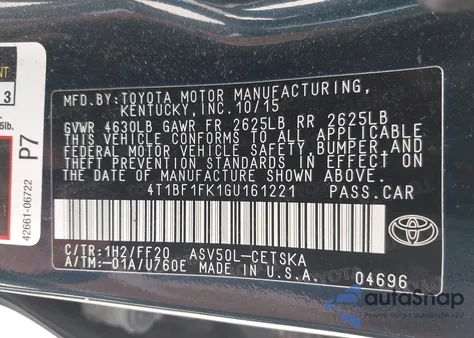 2016 Toyota Camry Se from USA, damaged, VIN 4T1BF1FK1GU161221